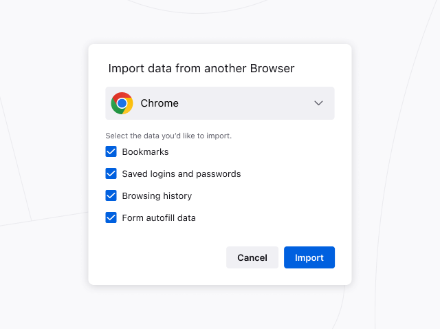Figurë dialogu mekanizmi importimesh të Firefox, që shfaq mundësi për të importuar rregullime dhe të dhëna prej shfletuesish të tjerë.