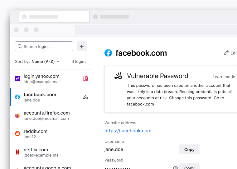 Figurë e përgjegjësit të fjalëkalimeve në Firefox, që shfaq një mesazh sinjalizimi ku lexohet “Ky fjalëkalim është përdorur në një tjetër llogari, që ka gjasa të jetë përfshirë në cenim të dhënash. Ripërdorimi i kredencialeve vë në rrezik krejt llogaritë tuaja. Ndryshojeni këtë fjalëkalim.”