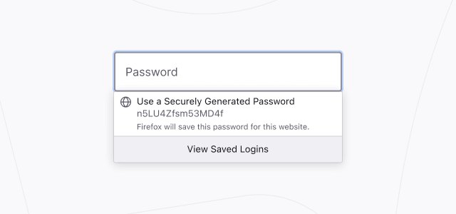 Figurë e një formulari regjistrimi në një sajt, me Firefox-in që sugjeron një fjalëkalim të fuqishëm, që do ta ruajë automatikisht për përdorim të ardhshëm.